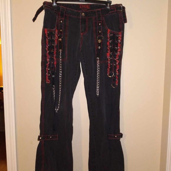 Women's Tripp NYC Daang Goodman Gothic Pants Punk Chain Sz 7 Black/Red Baggy - Picture 1 of 8